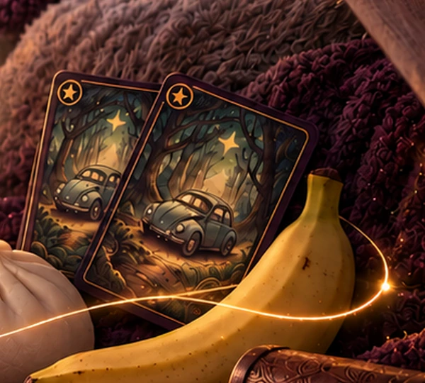Two fantasy collectible cards with an illustrated vintage car in an enchanted forest