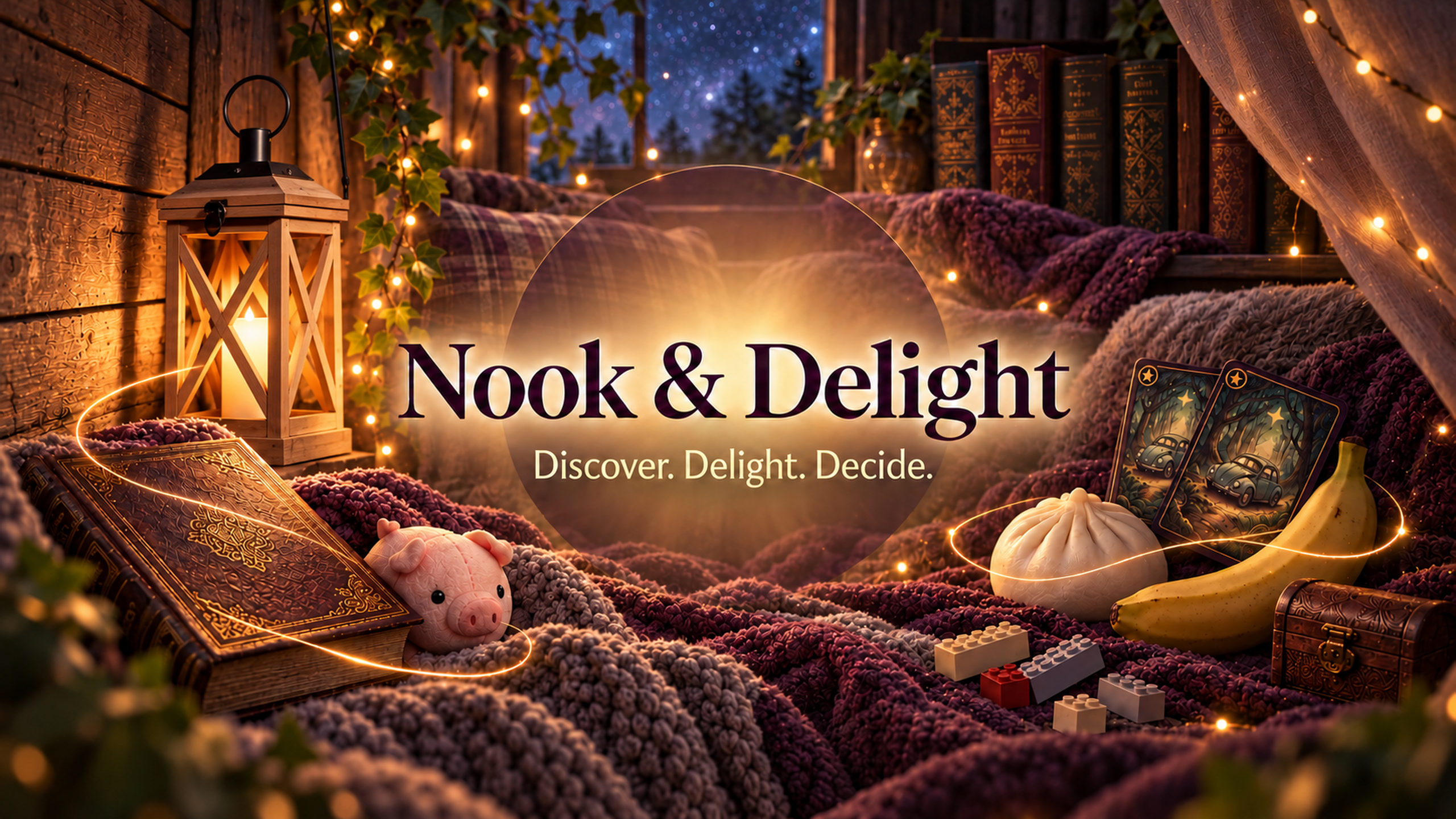 Nook & Delight — Discover. Delight. Decide. A magical nook featuring a book, a pig squishy, collectible cards and a lantern.