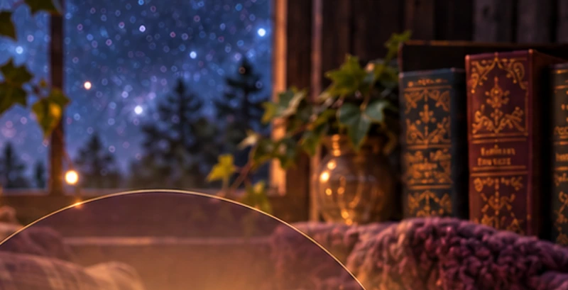 A starry night sky and warm fairy lights in the Nook & Delight illustration