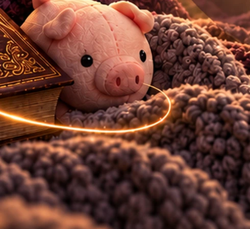 A soft pink pig squishy nestled into the cozy Nook & Delight scene